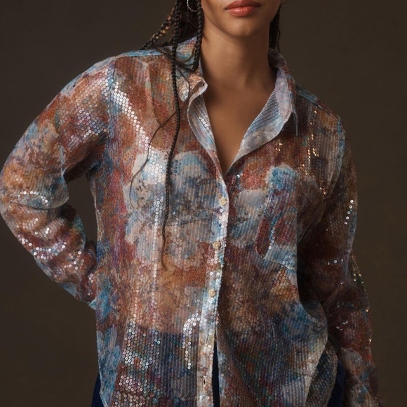 NWT  Pilcro Shrunken Sequin Buttondown Shirt  Medium - Picture 3 of 8